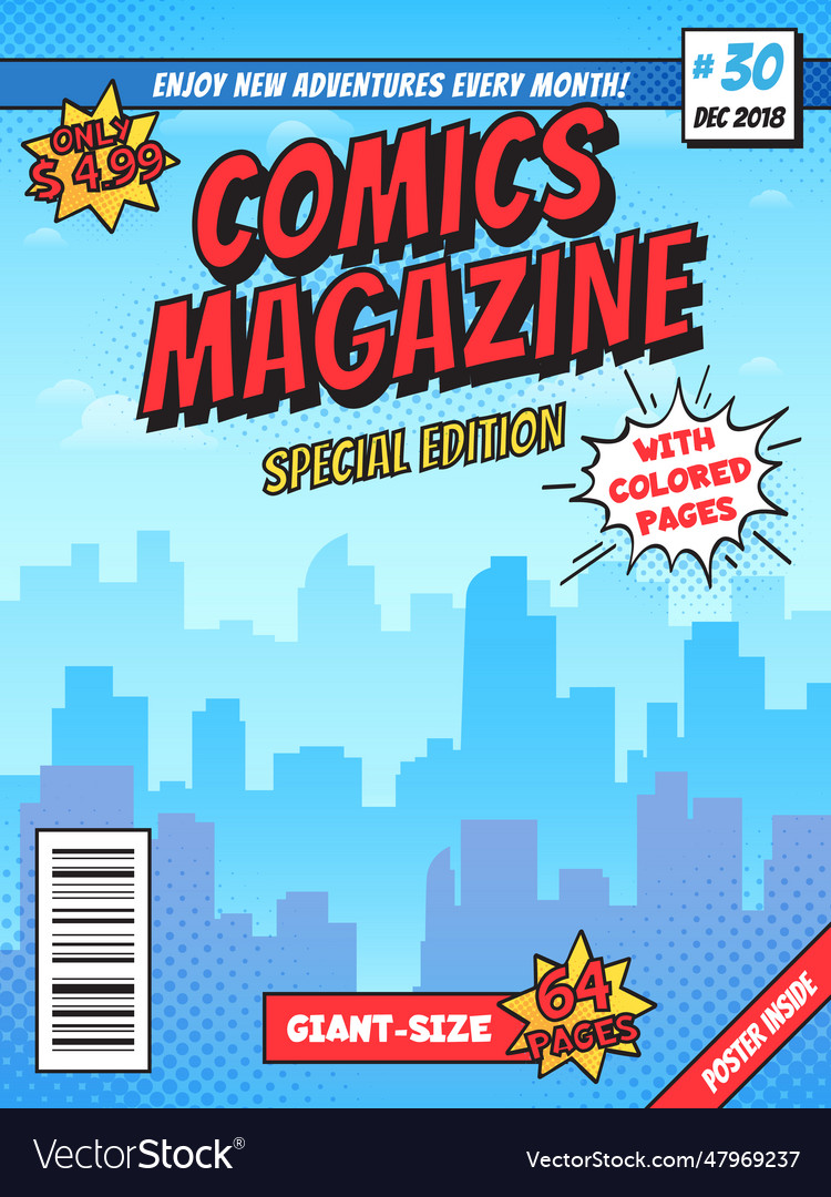 Comic book cover page city superhero empty comics Vector Image