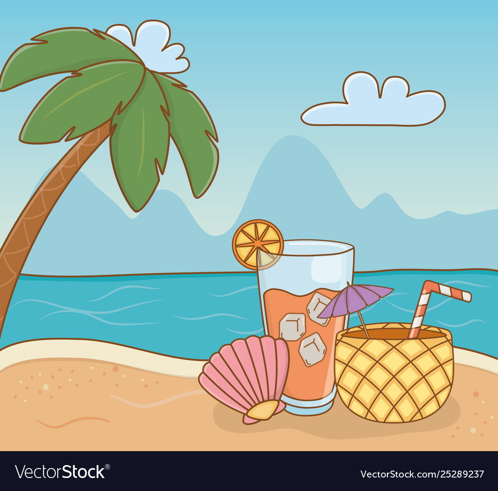 Pineapple cocktail and set items beach scene