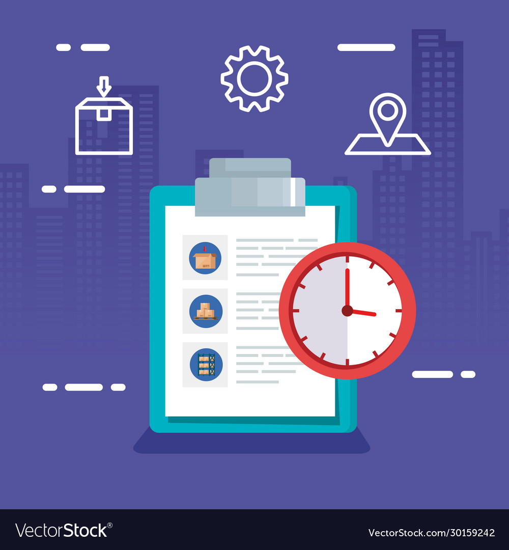 Clipboard with paper document and clock