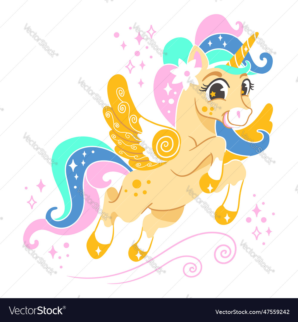 Cute cartoon character yellow unicorn with wings Vector Image