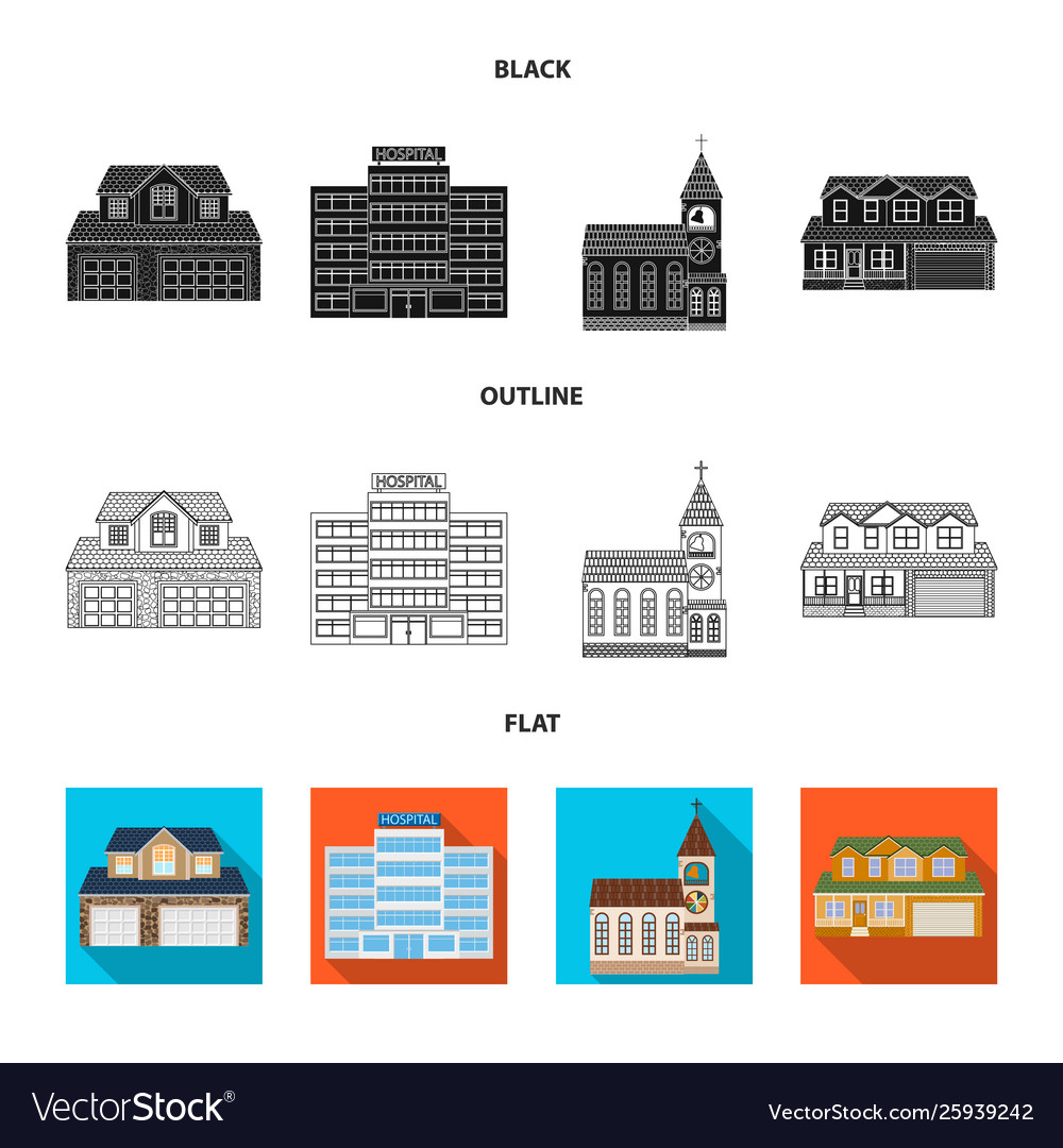 Isolated object building and front sign set vector image Isolated object building and front sign set