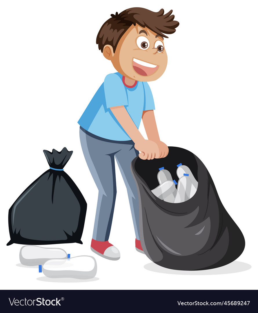 A man sorting plastic bottles in trash bag Vector Image