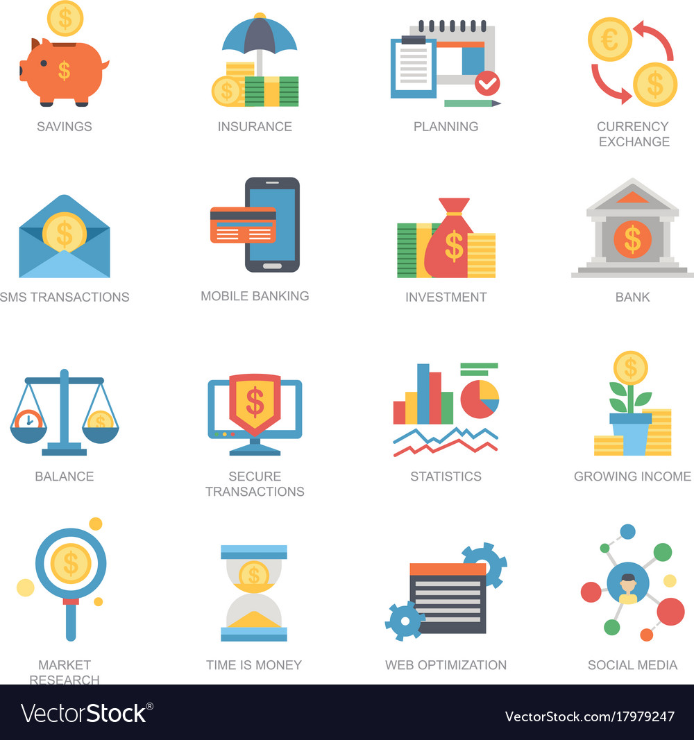 Business financial icons set flat style