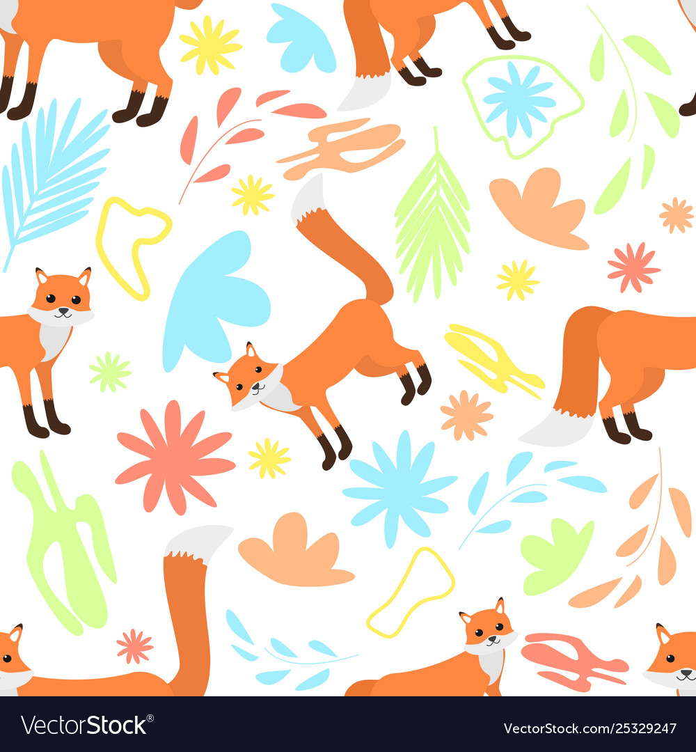 Cute seamless pattern foxes on abstract floral