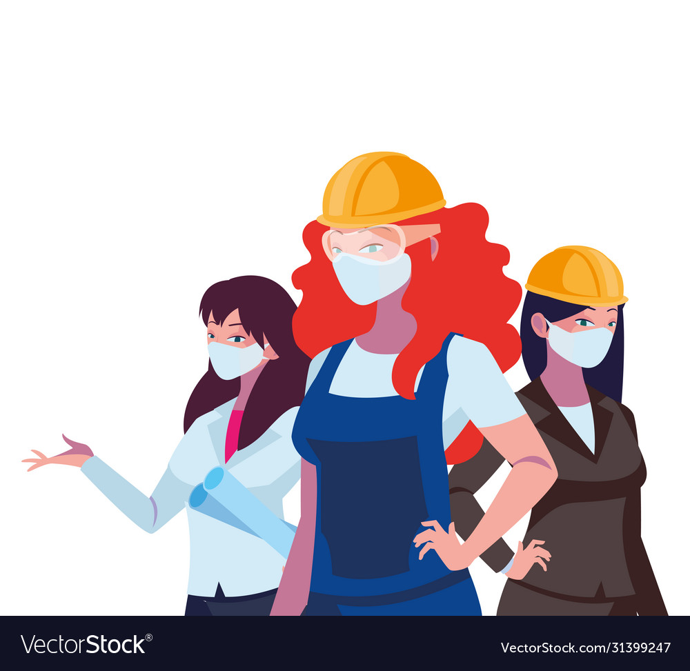 Female industrial workers working with face masks Vector Image