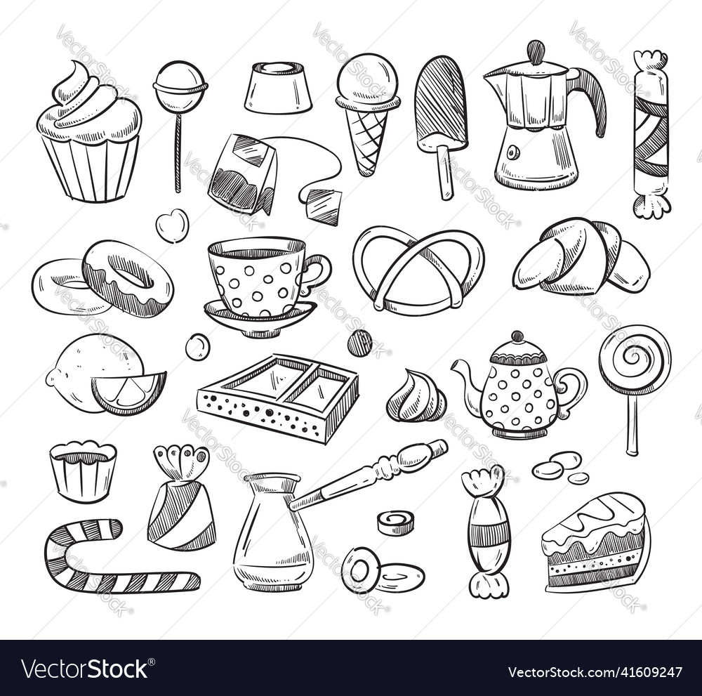 Hand gezogen Tee Tasse Kaffee Kuchen Süßigkeiten Spaß Doodle vector image Hand gezogen Tee Tasse Kaffee Kuchen Süßigkeiten Spaß Doodle