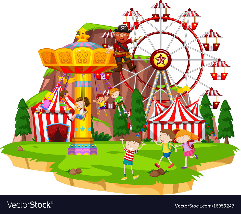 Many children playing rides at funpark Royalty Free Vector