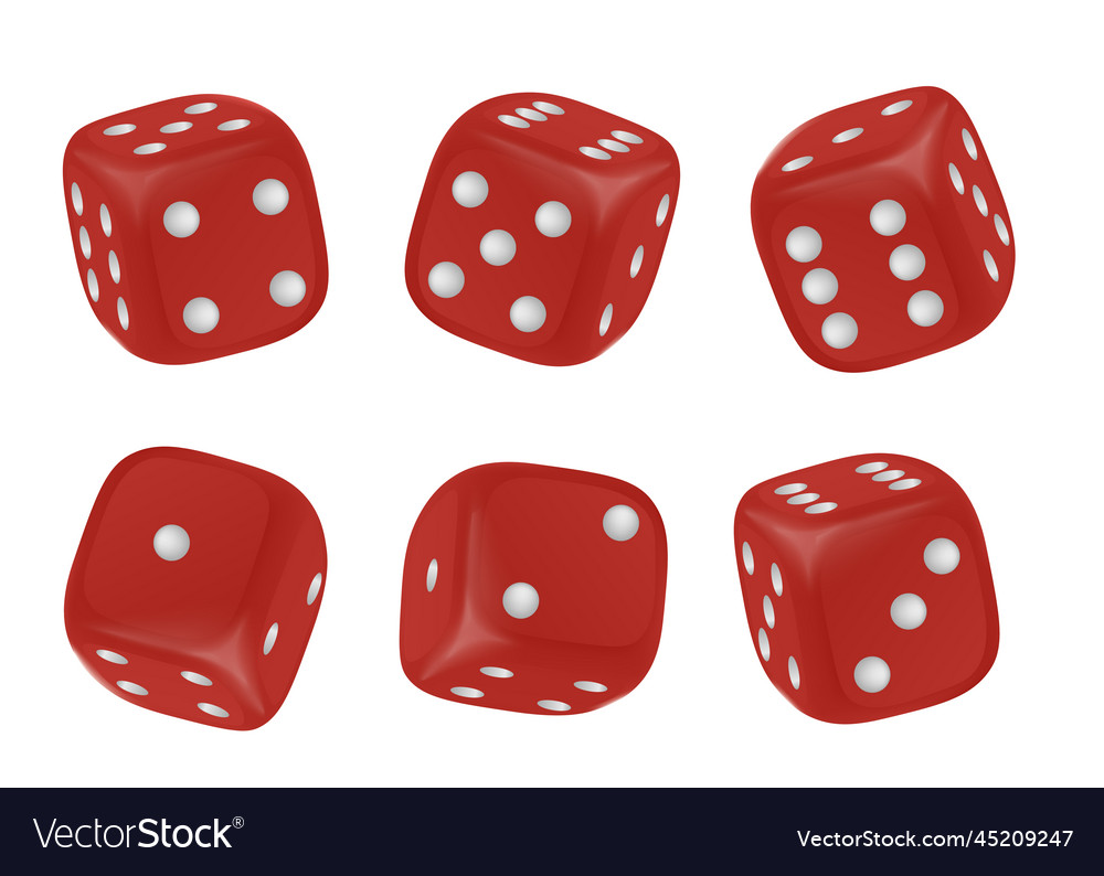 Set of red realistic cubic dices with different