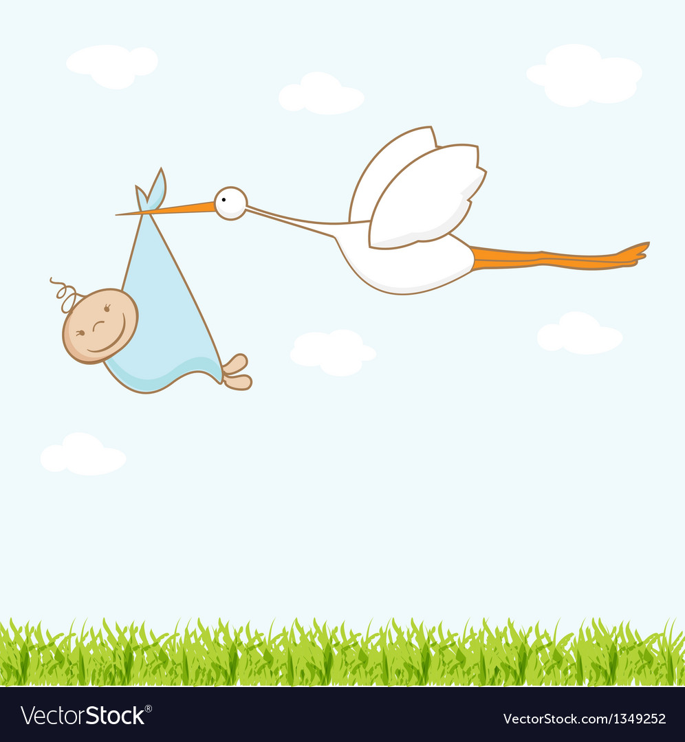 Baby arrival card with stork that brings a cute