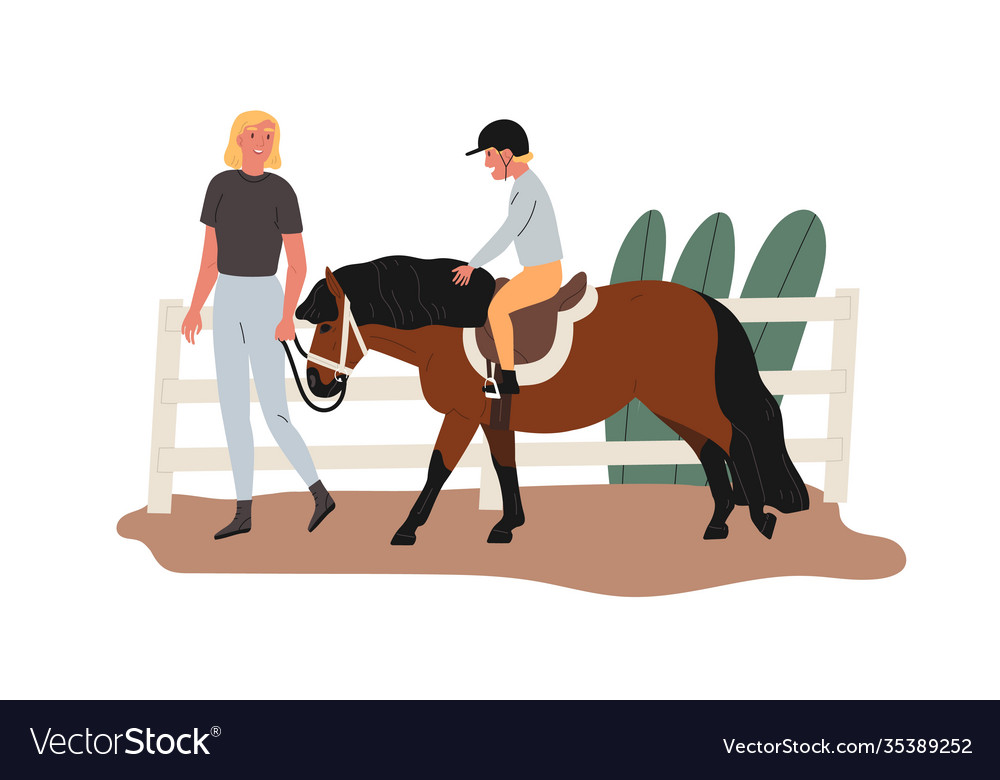 Child riding pony at racecourse instructor Vector Image