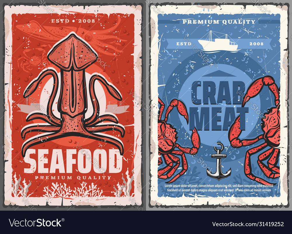 Seafood squid and crab meat retro posters Vector Image