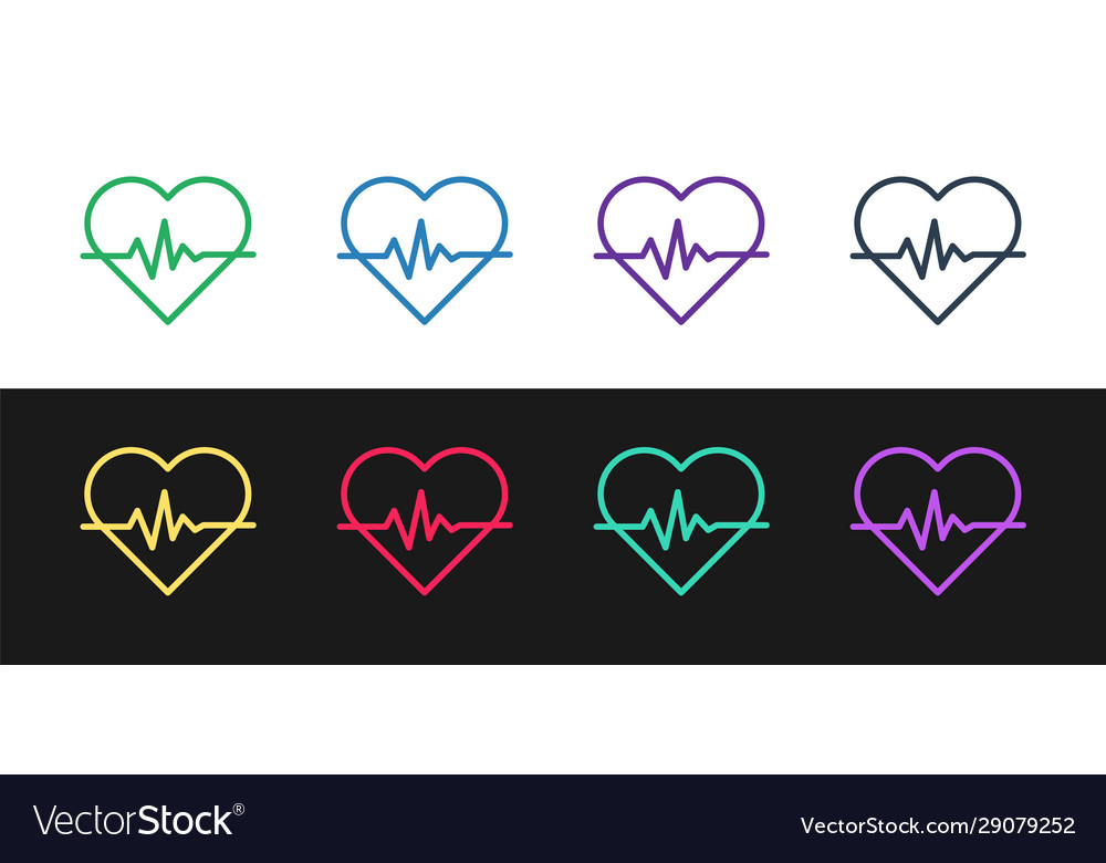 Set line heart rate icon isolated on black