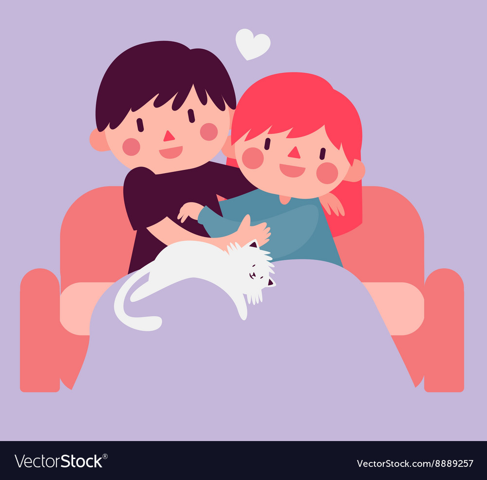 Couple hugging on sofa with cat