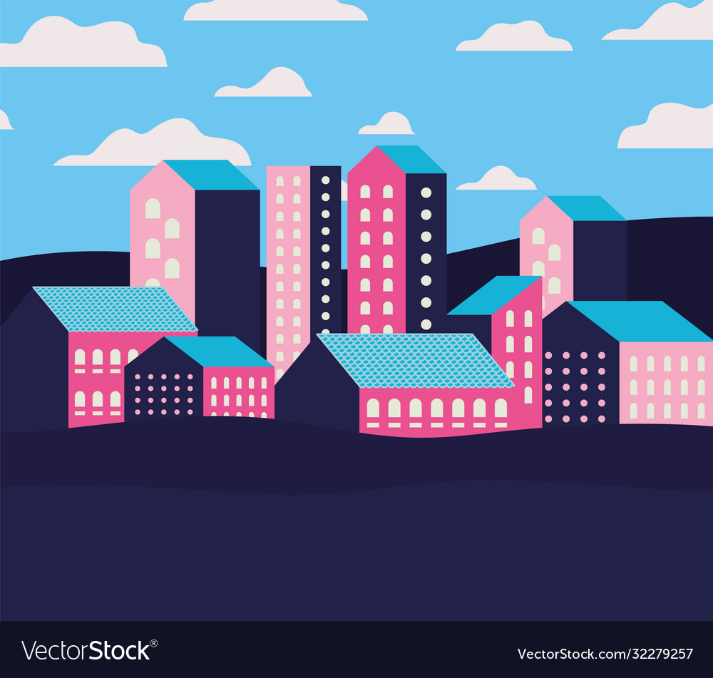 Purple blue and pink city buildings landscape Vector Image