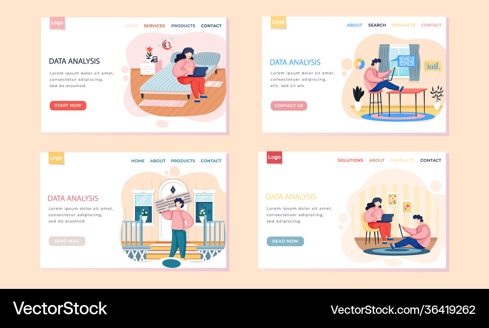 Data analysis landing page template set Royalty Free Vector