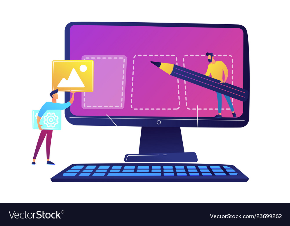 It specialists team creating webpage on computer vector image It specialists team creating webpage on computer