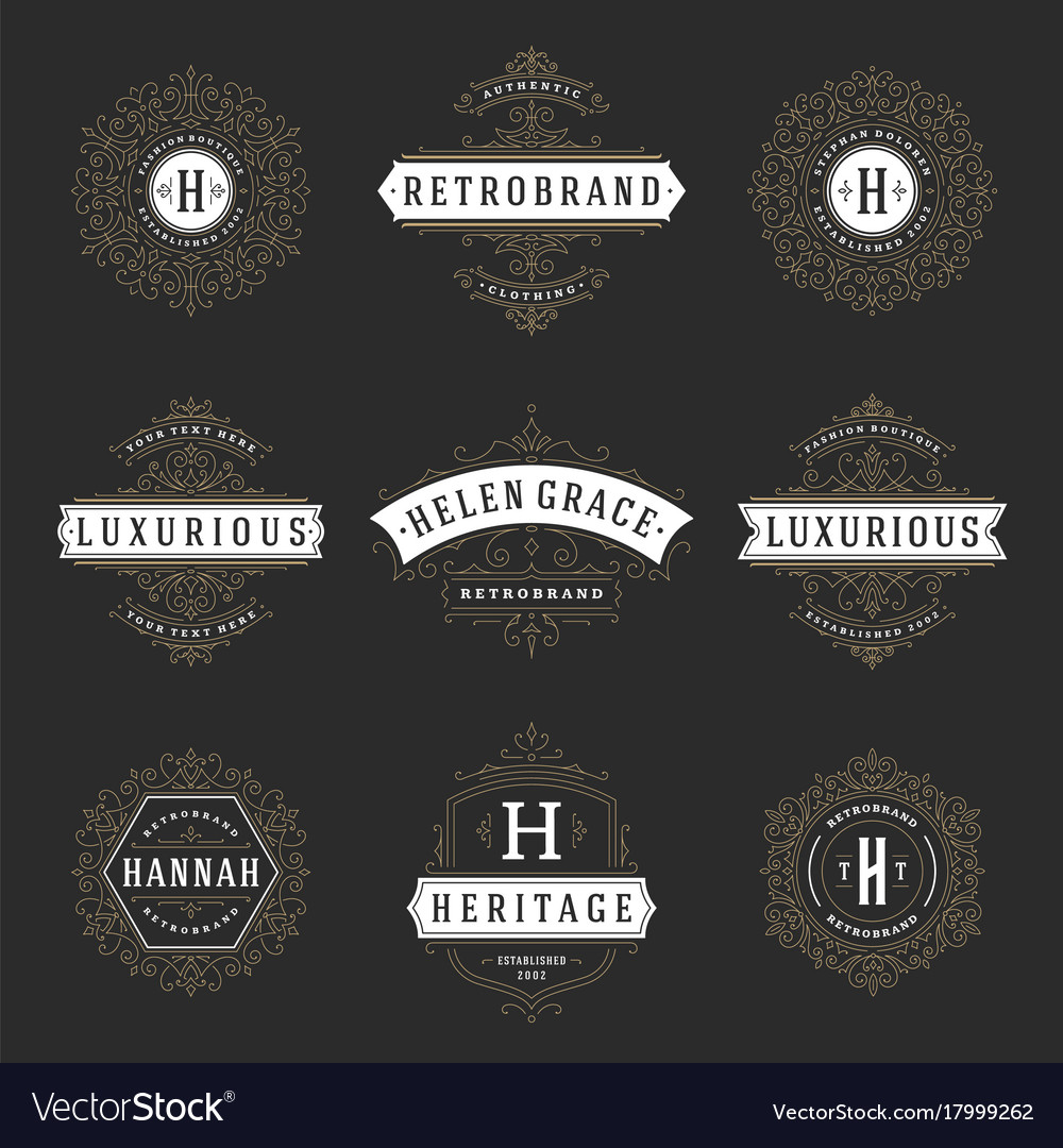 Luxury logos templates set flourishes Royalty Free Vector