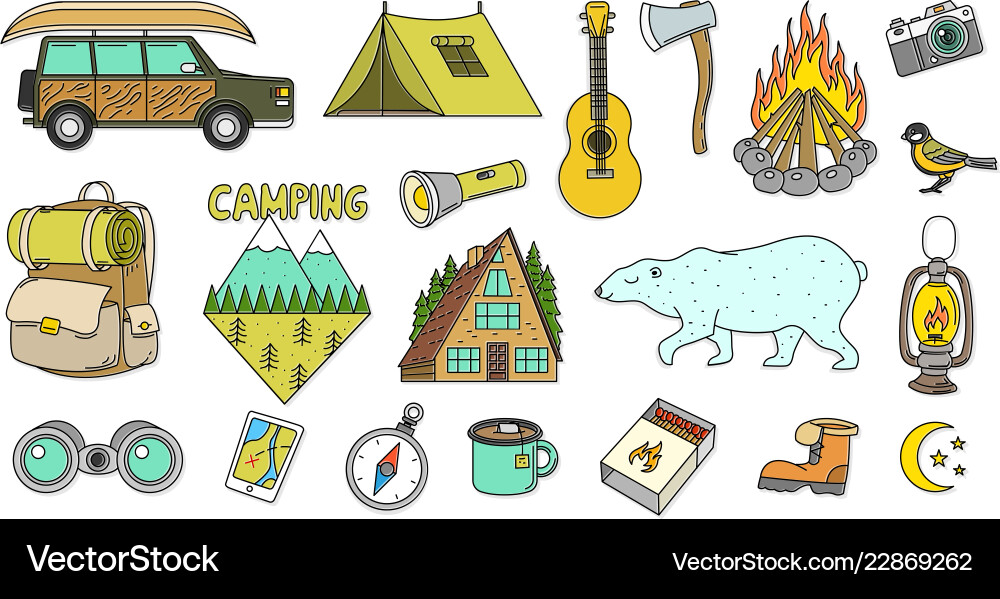 Set cute camping elements equipment in forest Vector Image