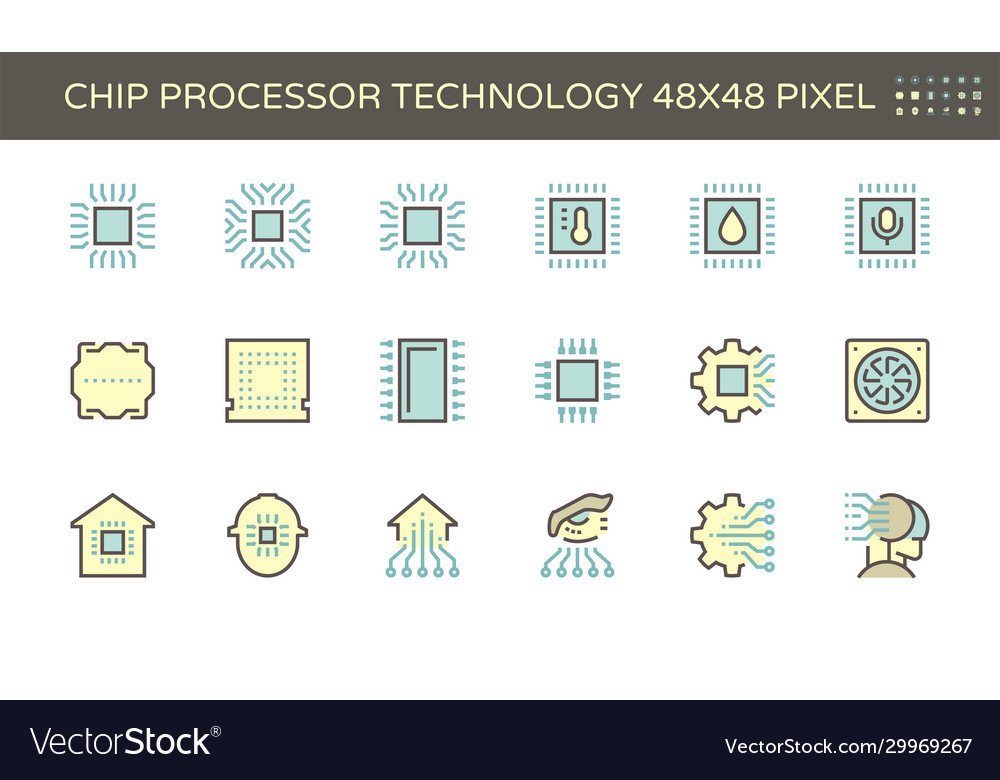 Computer chip processor and technology icon set Vector Image Computer chip processor and technology icon set