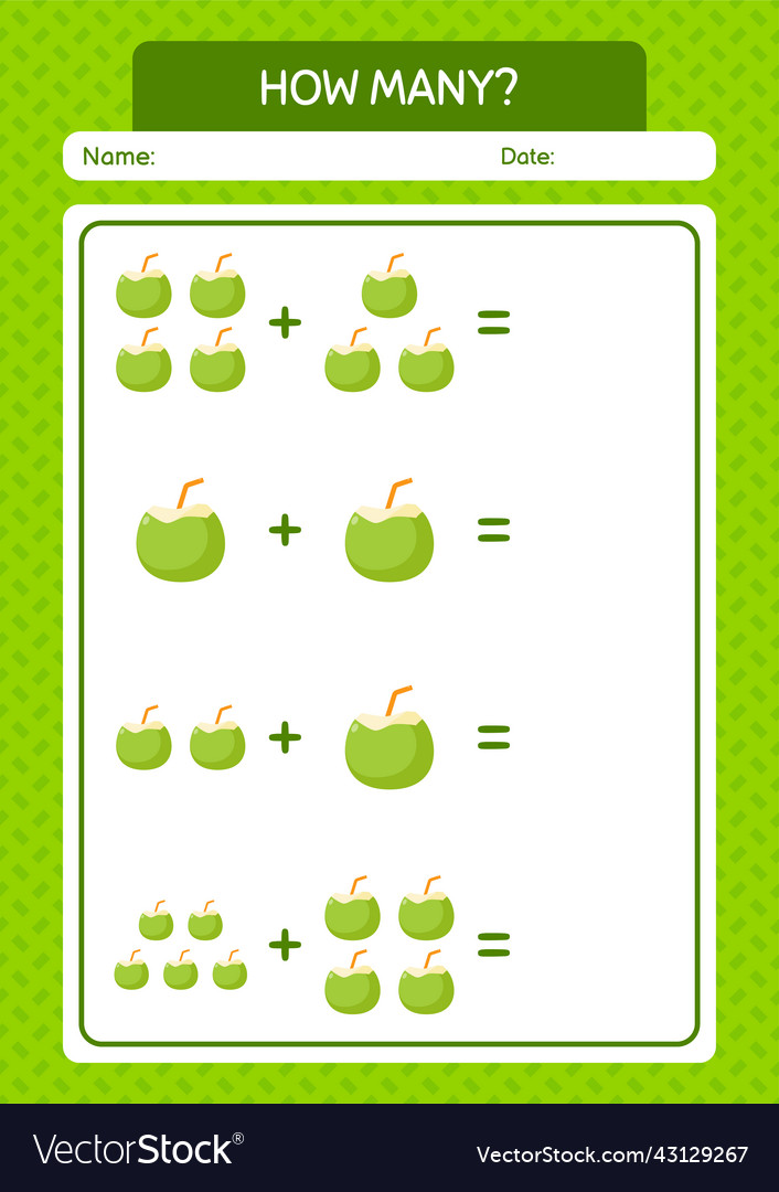 How many counting game with coconut worksheet vector image How many counting game with coconut worksheet