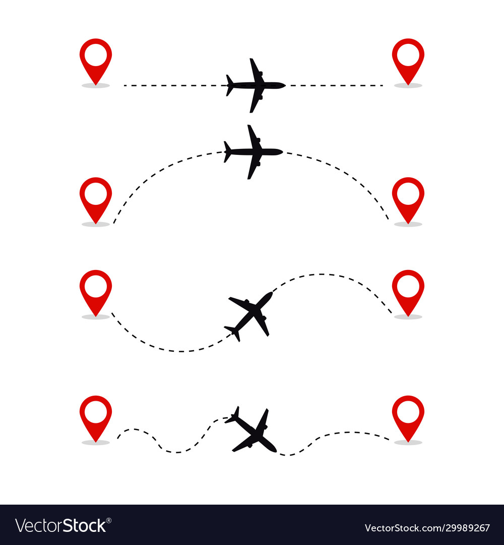 Set icons airplanes flight route