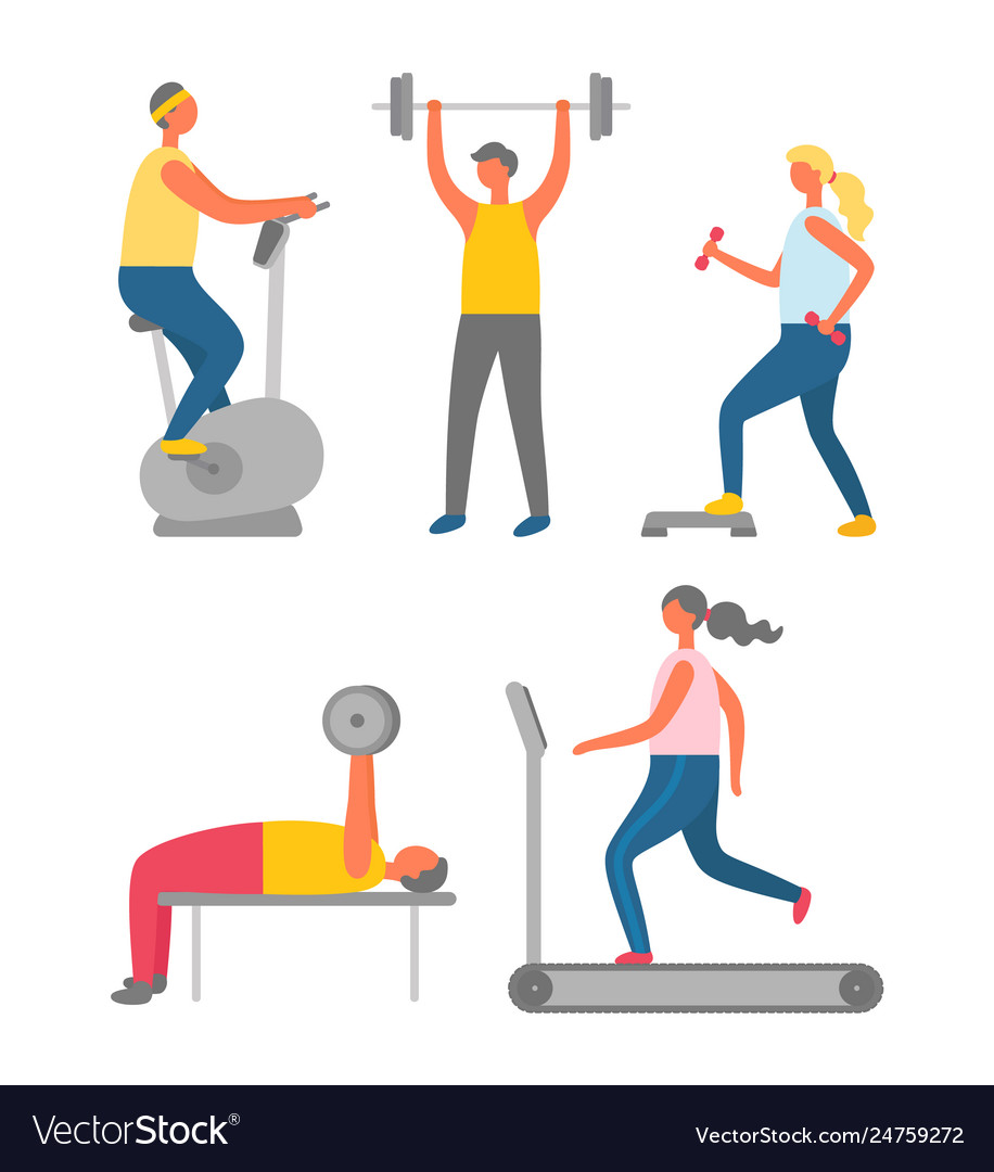 Bodybuilders in gym using fitness equipments Vector Image