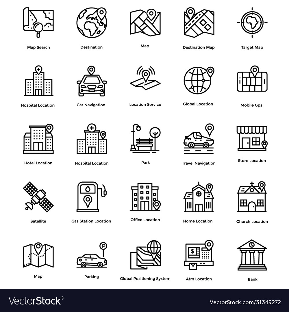 Navigation map and direction line icons set