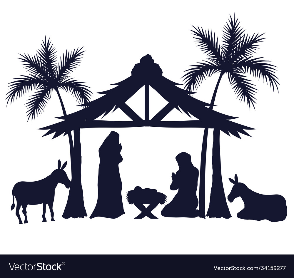 Frohe Weihnachten und Krippe Set Icons Silhouetten