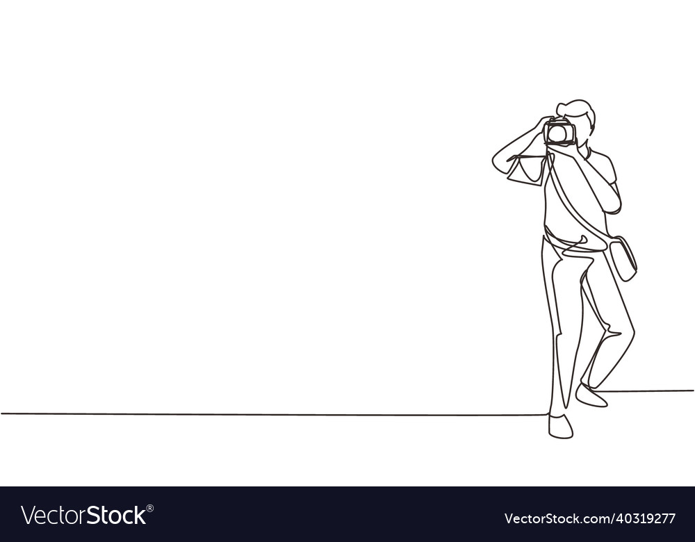 Single continuous line drawing man with camera vector image Single continuous line drawing man with camera