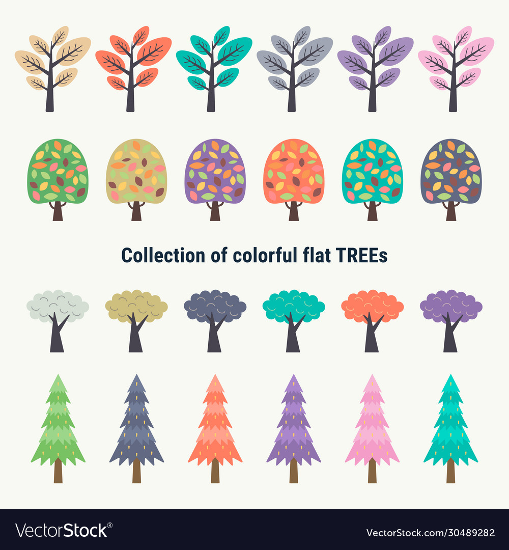 Collection colorful flat trees different shape