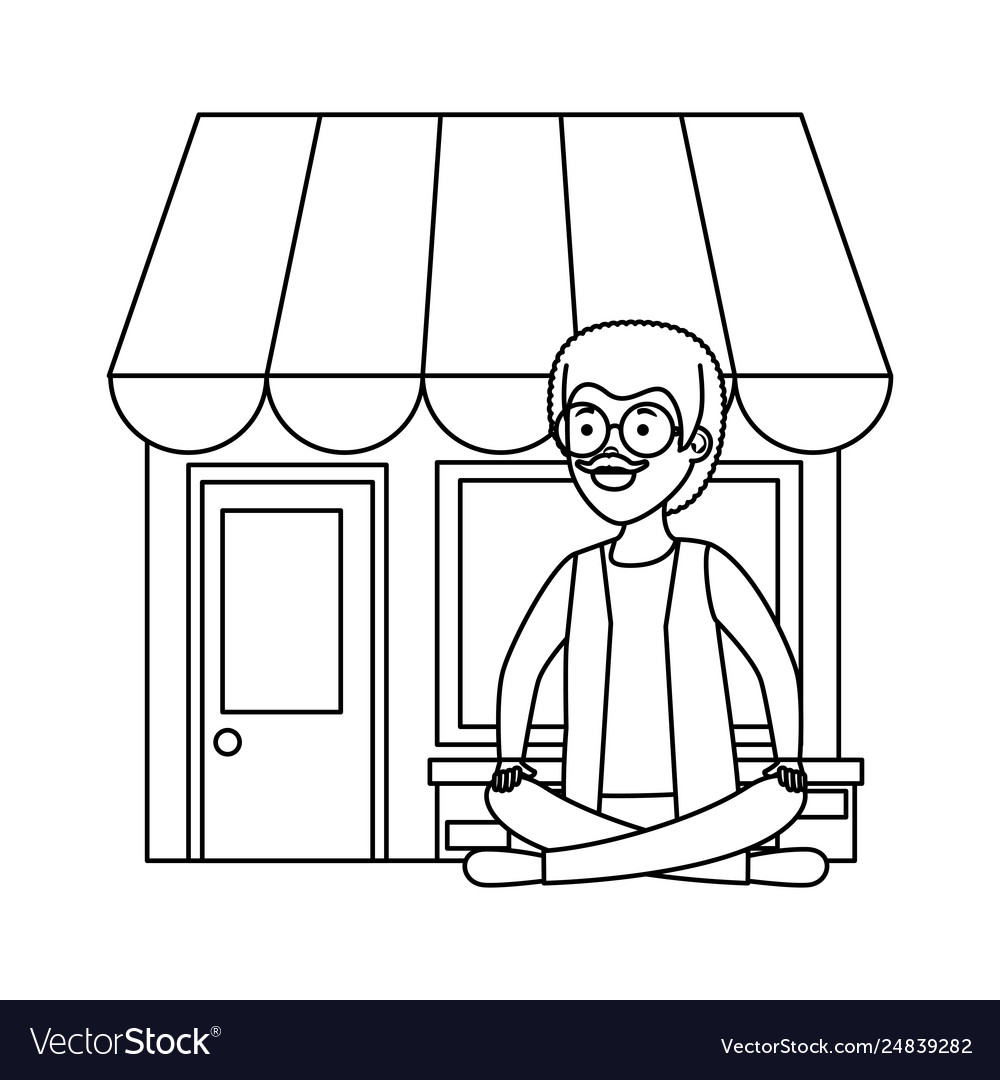 Old man in lotus position with store building