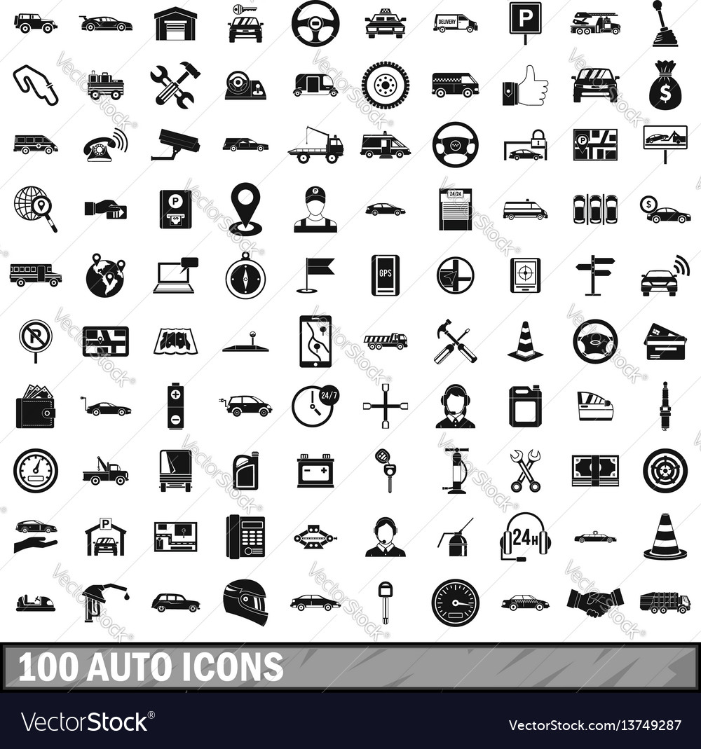 100 auto icons set simple style Royalty Free Vector Image