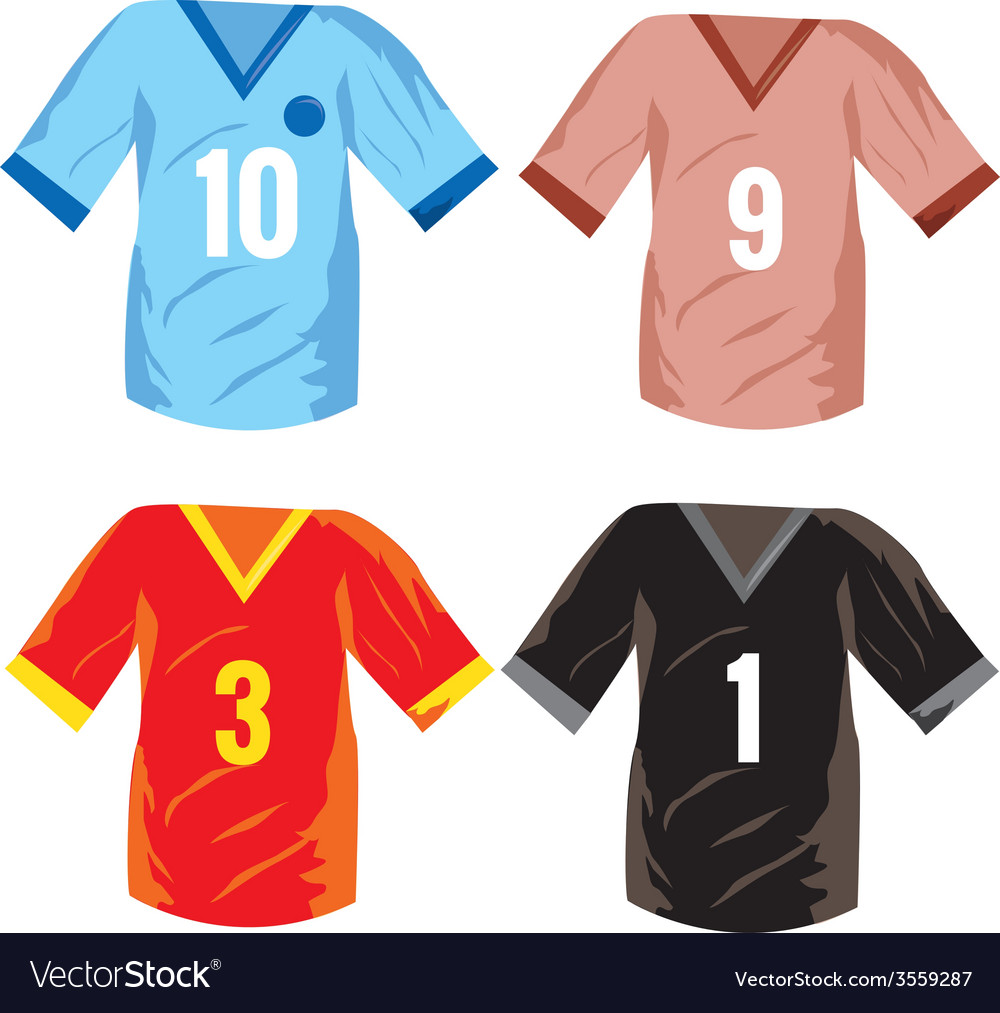 A set colored soccer shirts with different numbers