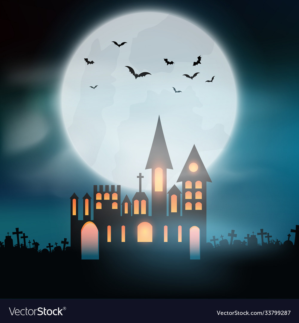 Halloween background with castle in graveyard Vector Image