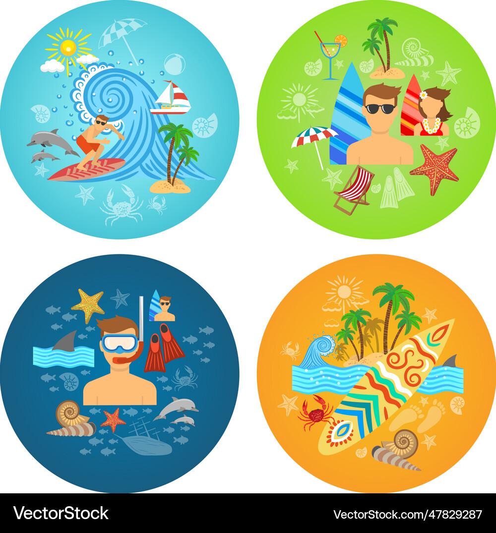 Surfing flat set Royalty Free Vector Image - VectorStock