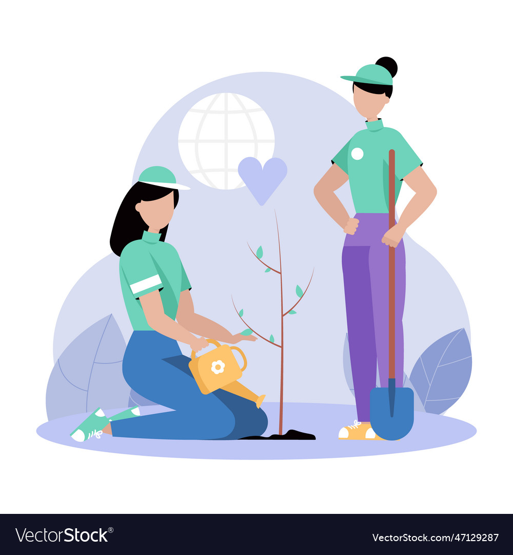 Two environmentalists planting together saplings Vector Image