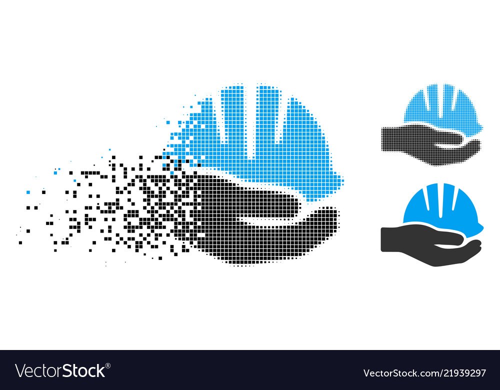 Fractured pixelated halftone hand with helmet icon