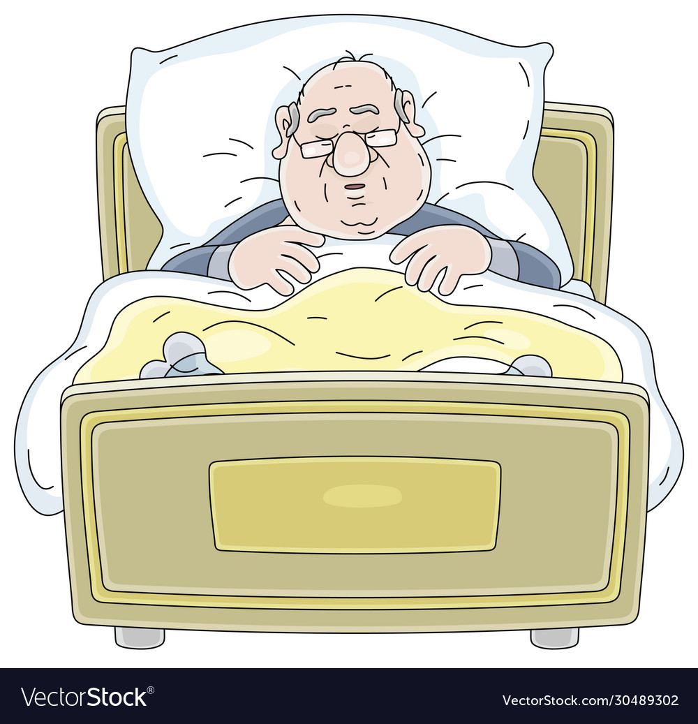 Fat man in pajamas and glasses sleeping bed