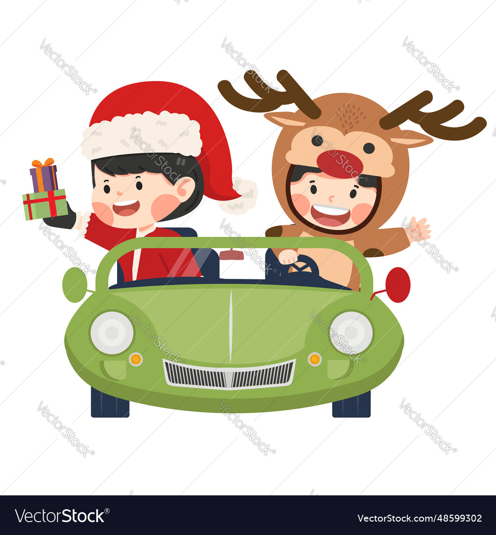 Kid girl in santa claus and reindeer with car