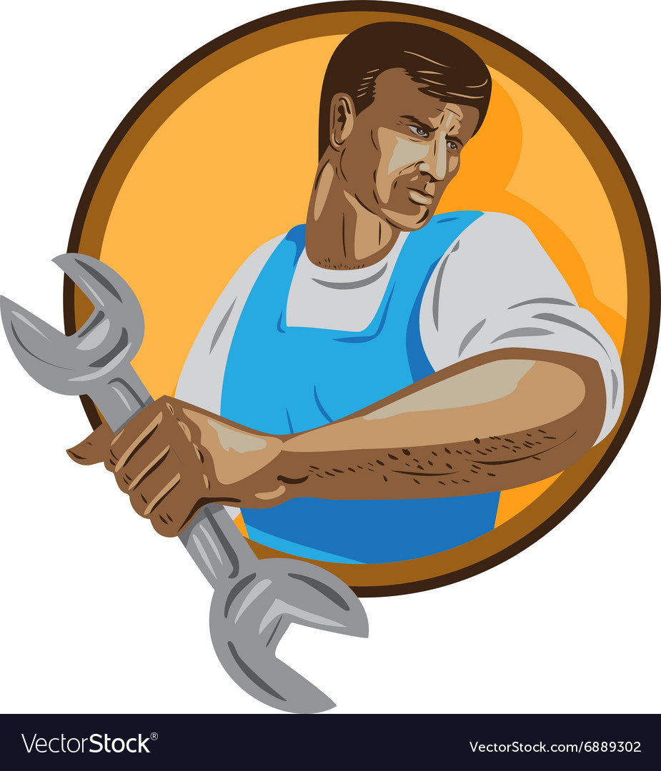 Mechanic Worker Holding Spanner Circle Wpa Vector Image