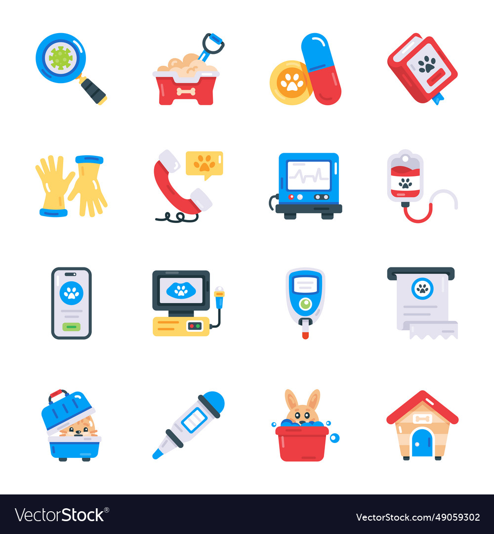 Pack of veterinary and pet equipment flat icons