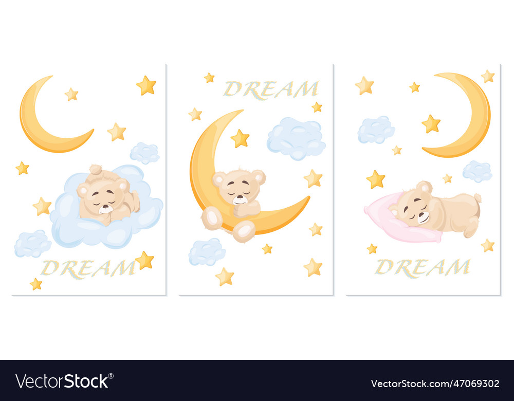 Poster set cute little teddy bear sleeping