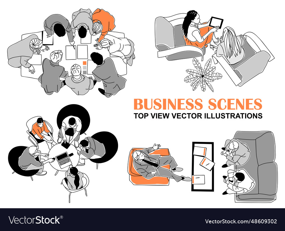 Set of business scenes top view line art