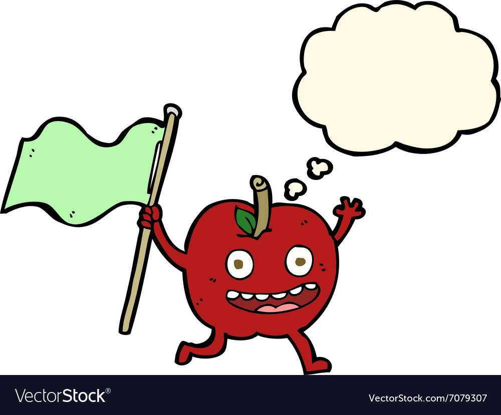 Cartoon apple with flag thought bubble