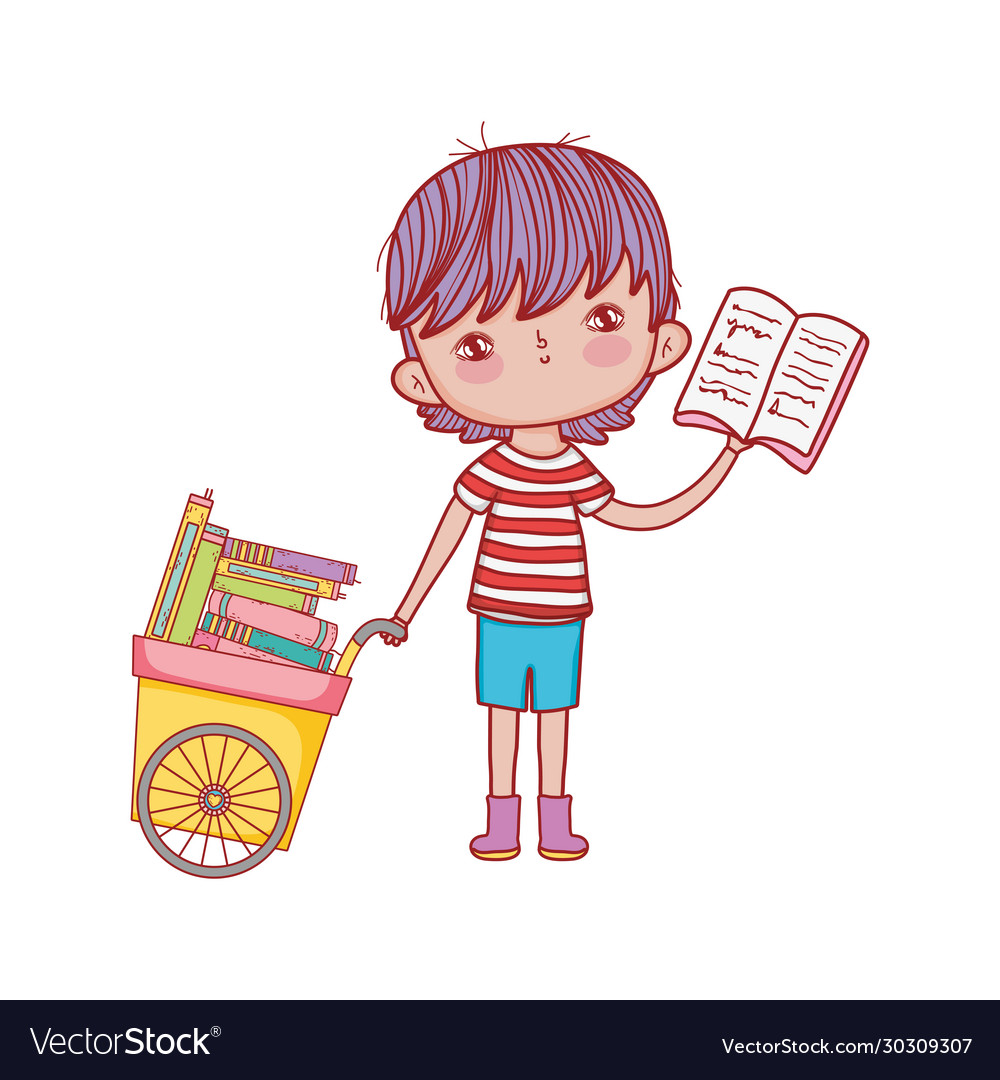 Cute boy hand cart with books cartoon isolated