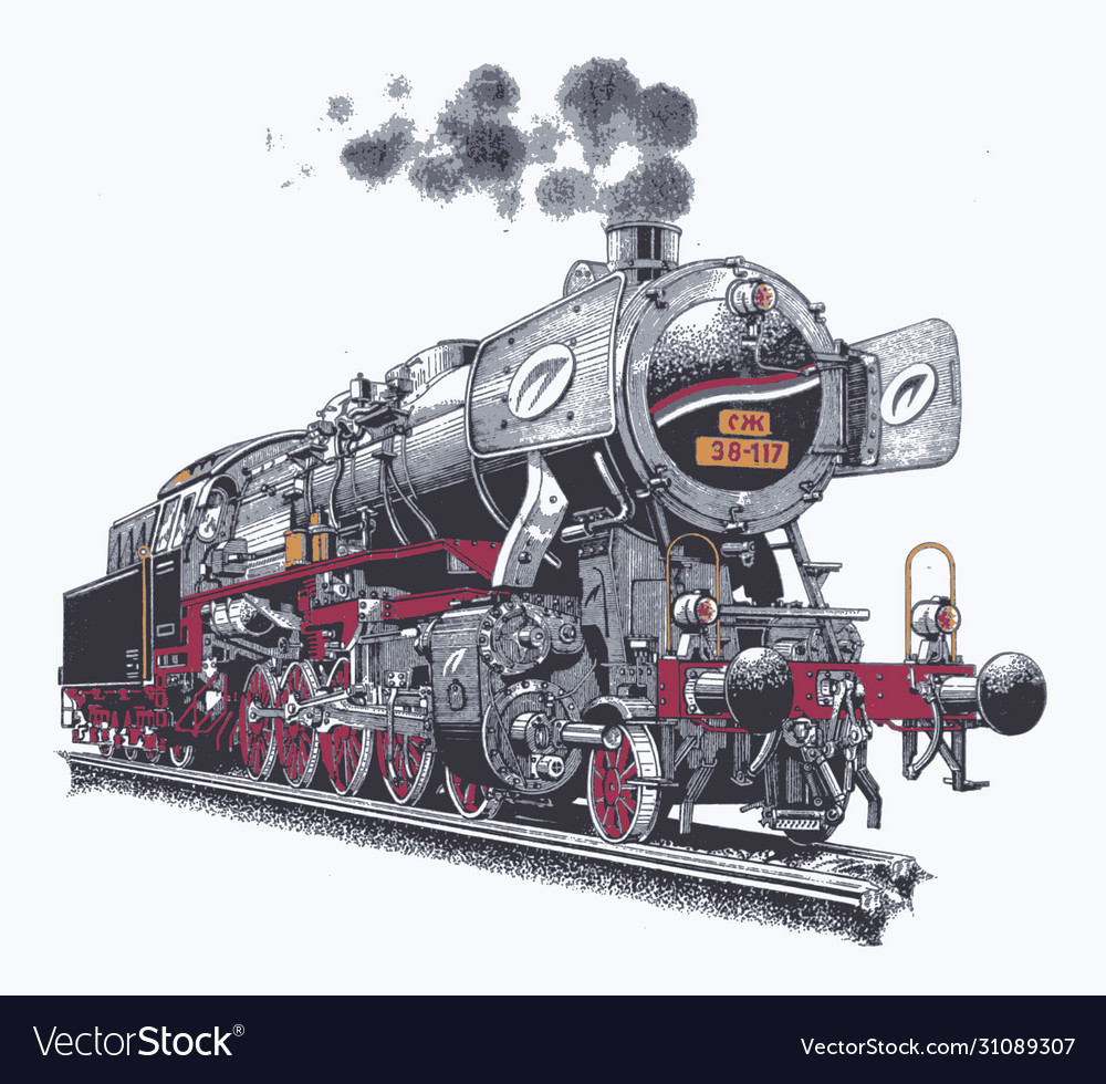 Old steam locomotive on rail rails drawn