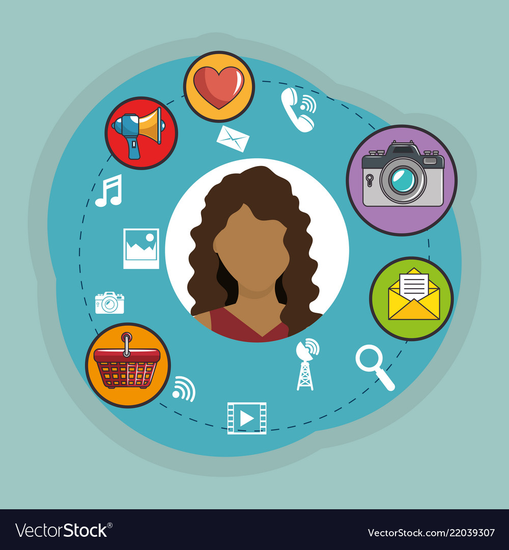 Junge Frau mit Social-Media-Marketing-Symbolen vector image Junge Frau mit Social-Media-Marketing-Symbolen