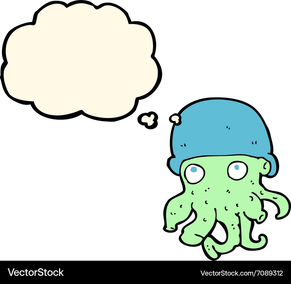 Cartoon Alien Head Wearing Hat With Thought Bubble