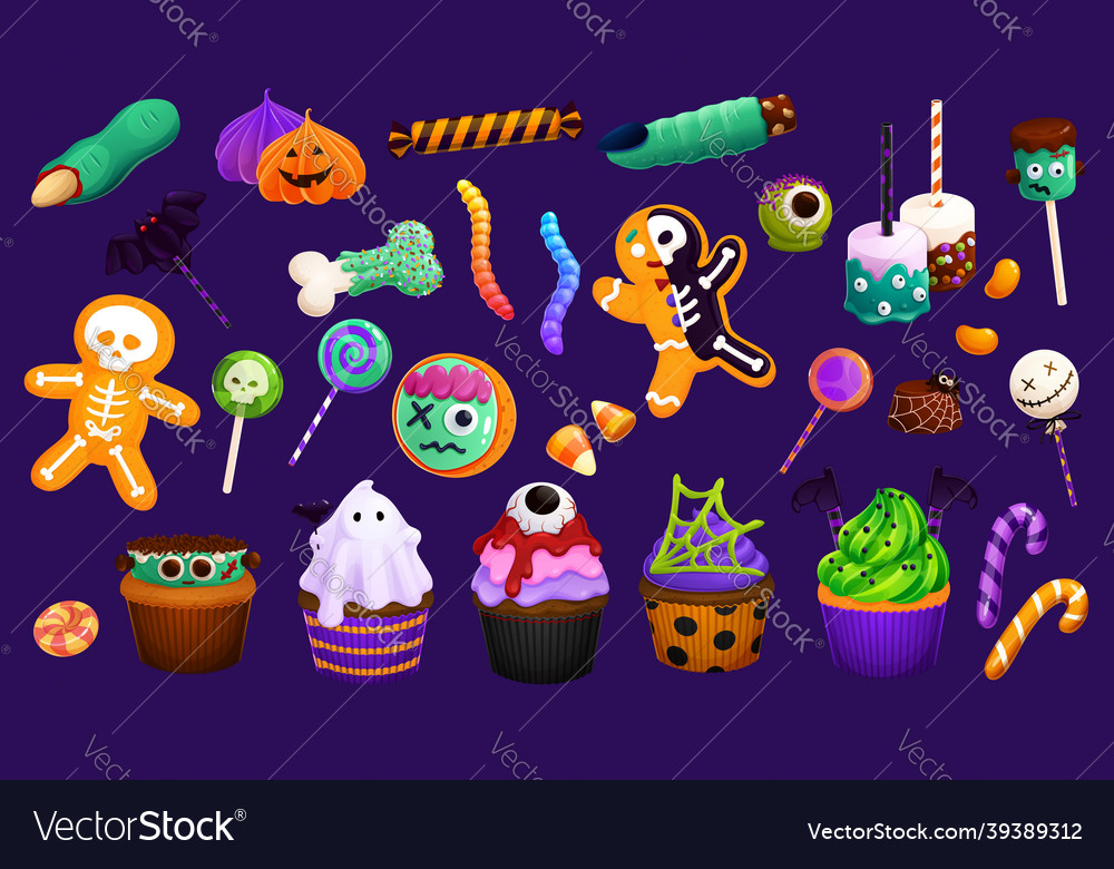 Cartoon halloween sweets cupcakes and lollipops vector image Cartoon halloween sweets cupcakes and lollipops
