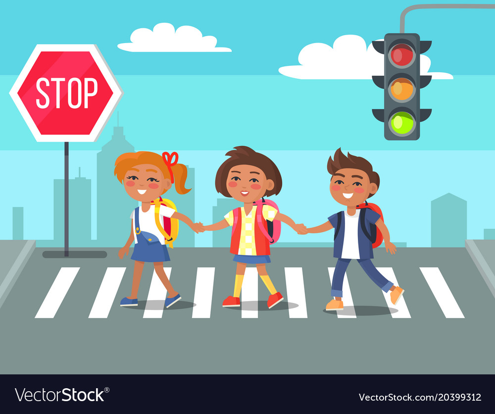 Kids crossing road in city cartoon Royalty Free Vector Image